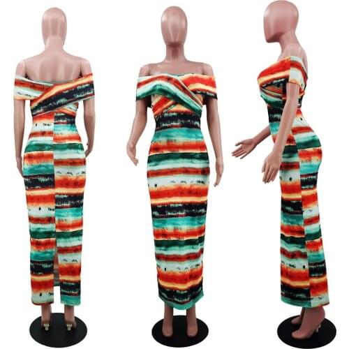 2021 Summer New S-XL Ladies One-shoulder Dress African Style Colored Print Dress Bohemian Leakback Sexy Loose Longdress Dashiki