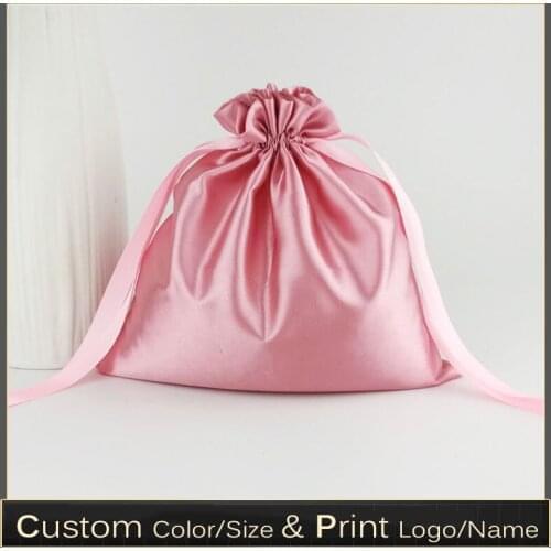 Custom Logo Satin Drawstring Bag Extenssions Clothes Travel storage Drawstring Gift Bags pink /beige 50pos