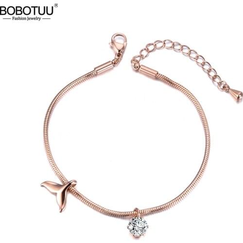 BOBOTUU Bohemia Fish Tail & CZ Crystal Charm Bracelet For Women Stainless Steel Link Chain Bracelet For Summer Vacation BB19048
