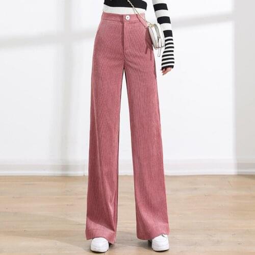 Pink High Waist Corduroy Wide Leg Pants Women Office Lady Work Loose Straight Leg Pants Korean Fashion Mopping Trousers Female