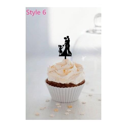 Black Acrylic cupcake topper Happy Family Style Kissing Bride and Groom Cupcake Topper with A Girl for Wedding Party Decoration