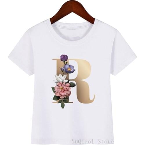 Childrens Harajuku O-Neck Short Sleeve Tops Tee A B C D English Alphabet Flowers Print T shirt Girls Casual Korean style Tshirt
