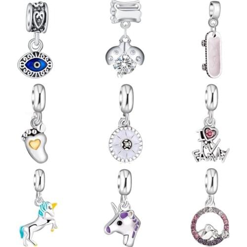 European Luxurious Crystal Horse Bird Bear Squirrel Skateboard Evil Eyes Beads Fit Original Pandora Charms for Women DIY Jewelry