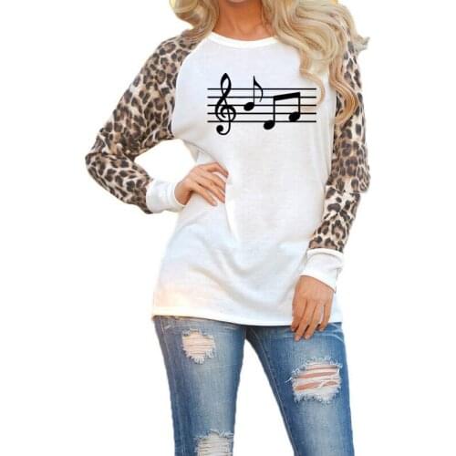 Funny Music Note Letter Print Spring Autumn Casual T-Shirt Female Leopard Harajuku Punk Long Sleeve Tops Lover Silicone Tees
