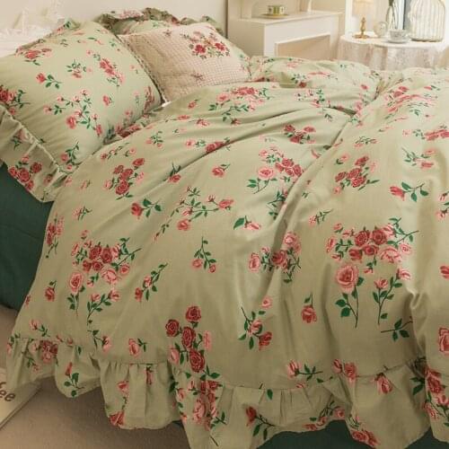 Ins Wind Bedding Set Ruffled Floral Cotton Duvet Cover 4 Piece Set of 100 Cotton Retro Floral Pastoral Printing Bedding
