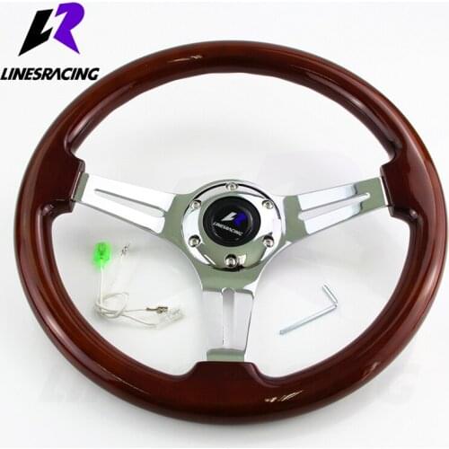 LR Universal 14" 350mm Wood Grain Steering Wheel 6 Bolts 1.75" Dish 3-Spoke Wood