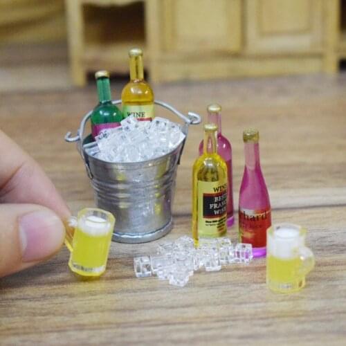 1/12 Scale Dollhouse Miniature Wine Bottle + Cup + Bucket Set Pretend Play Doll Food Drinks Toy Accessories