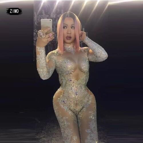 Fashion AB Rhinestones Sparkly Jumpsuit Sexy Nude Big Stretch Dance Costume One-piece Bodysuit Party night club Birthday Outfit