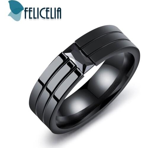 Felicelia Trendy Stainless Steel Mens Ring Black Rhinestone Cubic Zirconia Engagement Ring For Men Factory Direct Jewelry