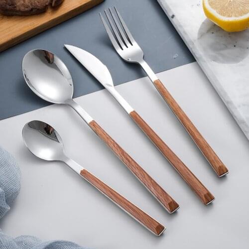 Wooden Handle Western Flatware 1/2/6/12/24 pcs Stainless Steel Cutlery Set Knife Fork Spoon Teaspoon Dinner Set Dinnerware Set