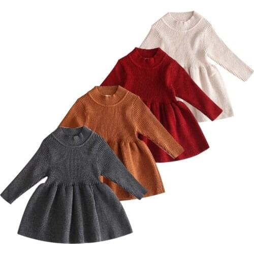 2021 New Winter Dress Kids Casual Baby Girls Costume Long Sleeve Solid O Neck Knit High Quality Princess Dresses 4 Colors