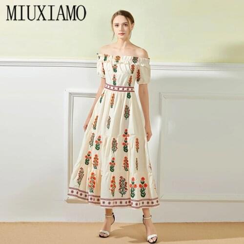 MIUXIMAO 2021 Summer New Fashion Slash Neck Short Sleeve Print Waist Slim Swing Dress Elegant Office Lady Style