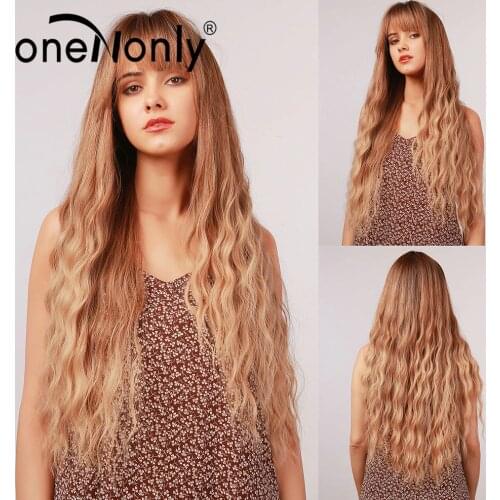 OneNonly Long Ombre Brown Blonde Loose Wave Synthetic Wigs with Bangs for White Black Women Cosplay Natural Hair Heat Resistant