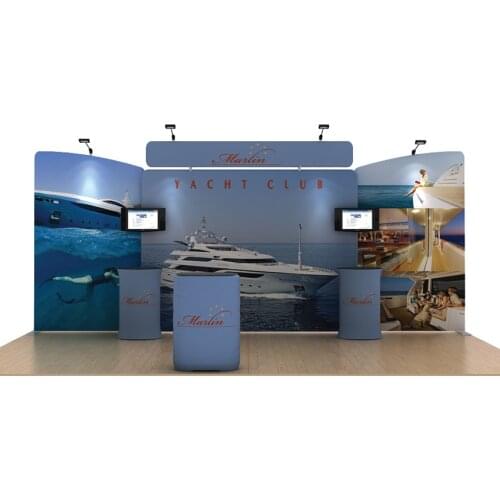 20ft Custom Portable Tension Fabric Trade Show Display Booth Exhibition With LED spotlights Podium Travel case with wheels