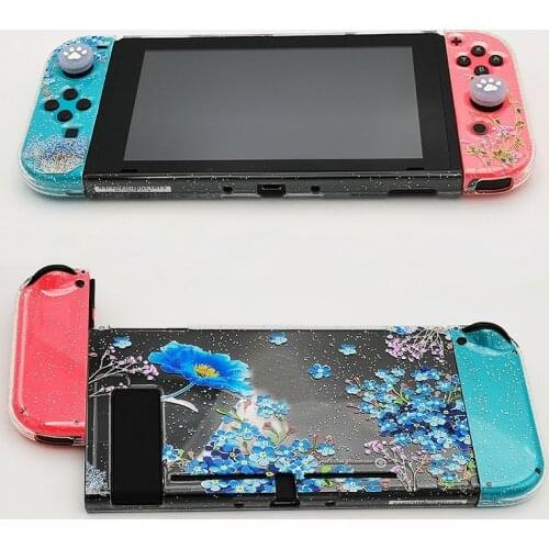 Flower Clear Glitter Hard Case Protective Cover Bling Shell for Nintend Switch NS Joy-Con Crystal Protector Thumb Stick Grip Cap