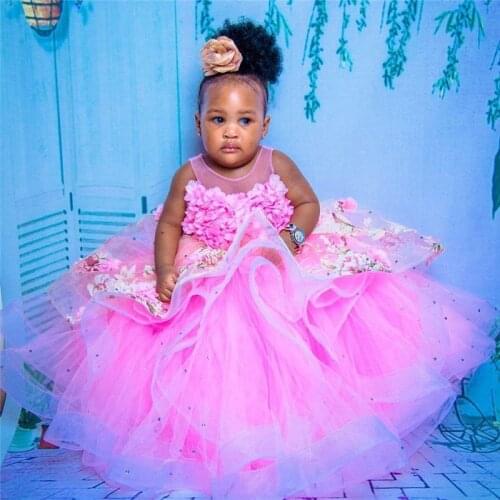 Pink Lace 3D Flowers Baby Girl Dresses Sheer Neck Ball Gown First Birthday Party Gowns Girls Pageant Dresses