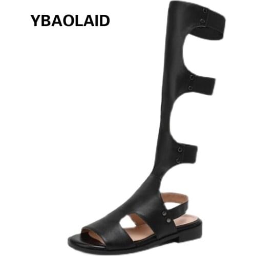 New Fashion Leather Fish Mouth Rivet Hollow High Tube Roman Womens Sandals Solid Color Elastic Strap Flat Beach Sandals