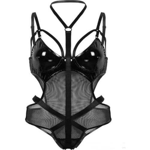 Sexy wetlook Faux Leather Catsuit PVC Latex Bodysuit Hollow out Bust Open Crotch Clubwear fetish hot erotic Pole Dance Lingerie