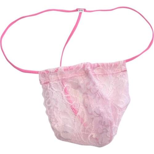 Sissy Pouch Panties Sexy Mens Sheer Lace G-String Gay Underwear Lingerie Men Thongs Ladyboy See Through CD Thong Pink Knicker