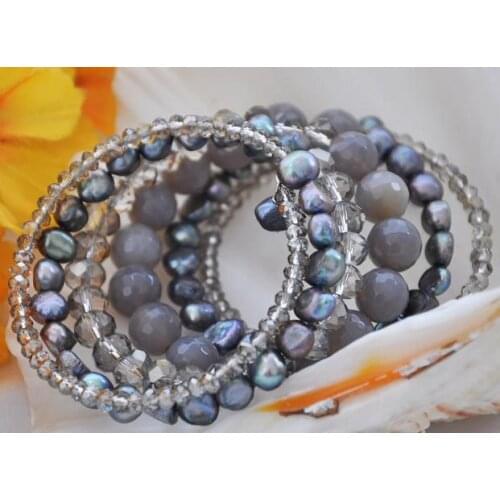 Unique Pearl New Style Agate Bangle Stretch Glaring Black Real Pearl Facted Crystal Gray Agates Bracelet Fine Jewelry Women Gift