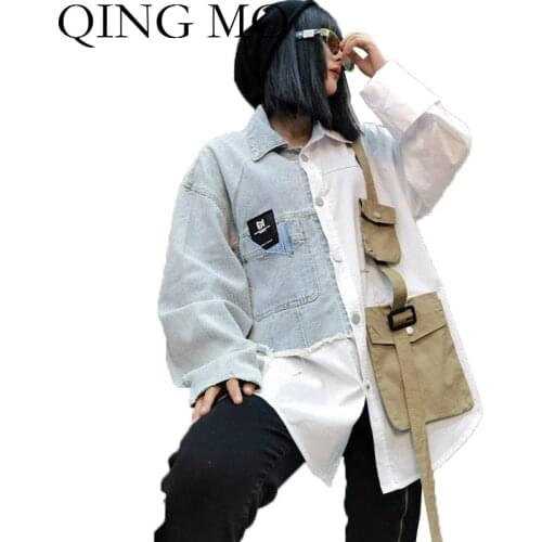 QING MO Large Size Women Denim Patchwork Blouse 2021 Spring Autumn Women Irregular Patchwork Shirt Blouse For Women ZQY5331