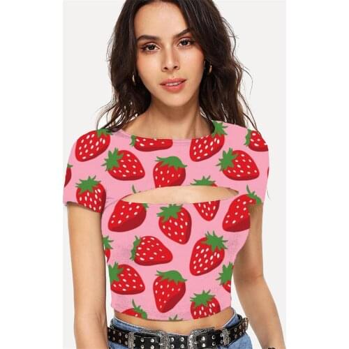 Somepet Strawberry T-shirt Women Harajuku Tshirt Printed Red Navel Bare Short Sleeve Summer Short Style Vintage