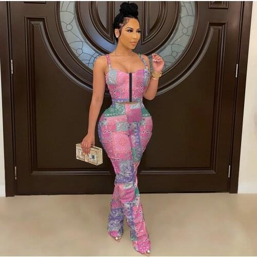 Contrast Color Patchwork Two Piece Pant Suit Women Sexy Spaghetti Strap Crop Top and Stacked Jogger Sweatpant Vintage Outfits