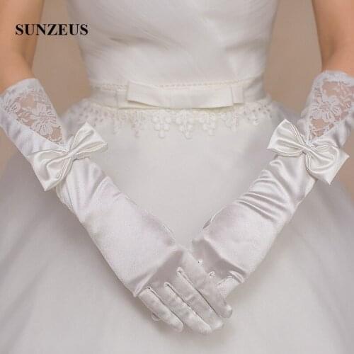 Full Finger White Bridal Gloves Under Elbow Length Wedding Accessories for Bride Lace Top with Bow Womens Formal Gloves SG03