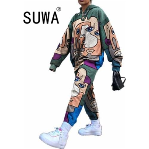 Autumn Winter Fashion New Corduroy 2 Piece Women Sets Long Sleeve Top + Harem Pants With Printed Casual Street Shooting Suit