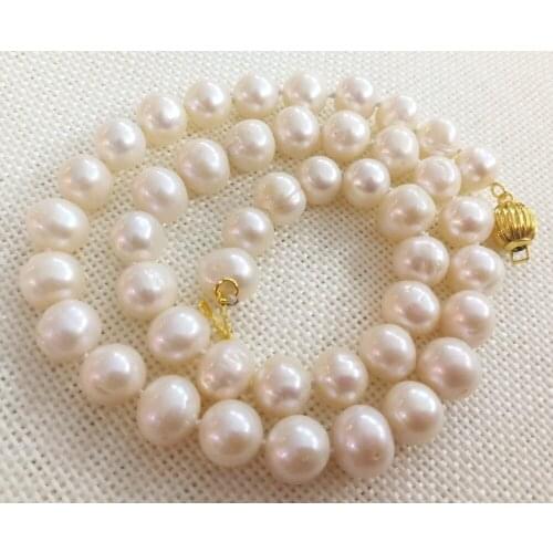 Women Jewelry 43cm 17'' necklace 9x10mm bright white pearl gold colors clasp handmade Real cultured freshwater pearl gift