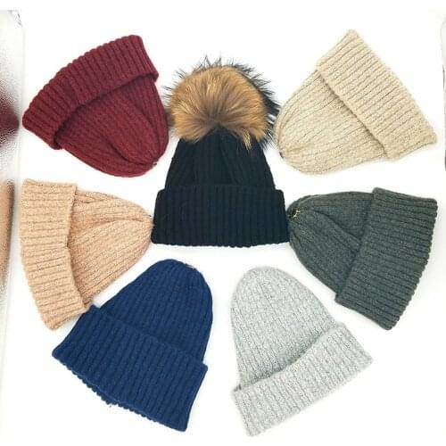 Winter New Wool Knitted Hat Beanies 15cm Big Pompom Real Raccoon fur HairBall Buckle Solid color Wool Cap Knit Hats For Women