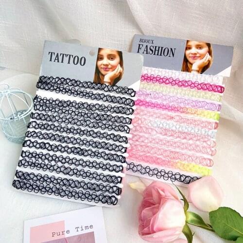 12 pcs/Set Fishline Tattoo Black/Colorful Chokers Necklace Vintage Stretch Gothic Punk Elastic Hollow Chocker for Women Jewelry