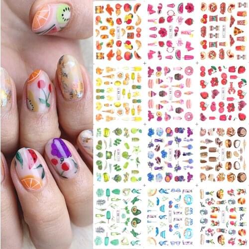 12 styles Cute Fruits Avocado Nail Water Decal Sticker Summer Design ice cream Dessert pattern nail Temporary tattoo accessories