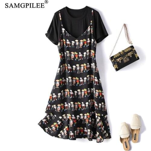 2021 Summer Clothes For Woman New Fake Two Piece Cartoon Pattern O Neck Knee Length Korean Style Women Dresses Plus Size 4XL