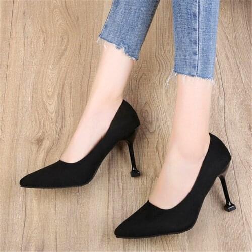 5-9CM High Heels Wild Womens Shoes 2021 Autumn Black Flock Shallow Women Pumps Pointed Toe Sexy Office Dress Single Shoes Woman