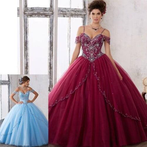 Sparking real design candy color sky blue sequined quinceanera dresses ball gown tulle prom debutante sixteen sweet dresses