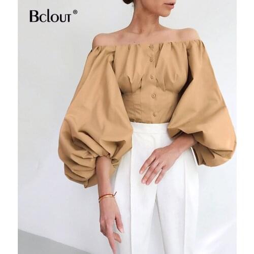 Bclout Off Shoulder Elegent Women Blouse Vintage Button Lantern Sleeve Sexy Office Shirts Blouses Lady 2020 Summer Top Female