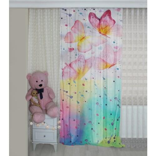 Cute Butterfly Patterned Background Curtain velvet curtain kids room drape Pink Ribbon Colorfull