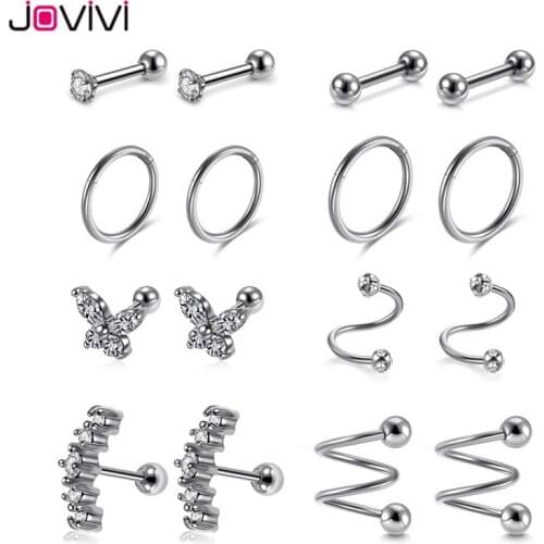 JOVIVI Stainless Steel Stud Ear Ring Clear Cubic Zircon Ball Barbell Tragus Cartilage Helix Ear Studs Nose Lip Ring Piercing 16G