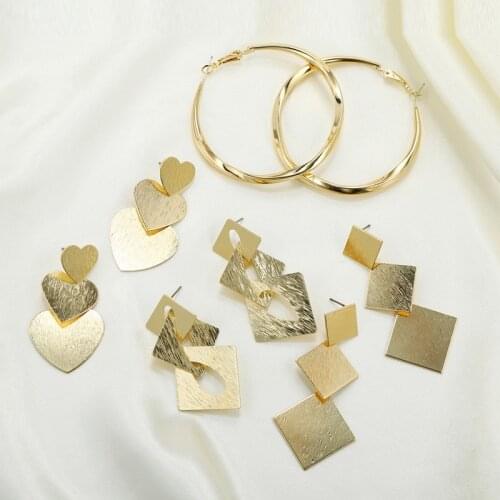 Classic Gold Silver Color Big Geometric Drop Earring for Women Heart Circle Dangle Earring Vintage Jewelry for Gift Party SR1136