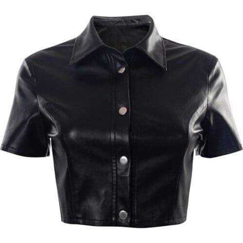 PU Leather Black Beige Brown Button Up Short Sleeve Crop Tops Shirts Women Punk Style Sexy Streetwear Top Tee Vintage Clothes