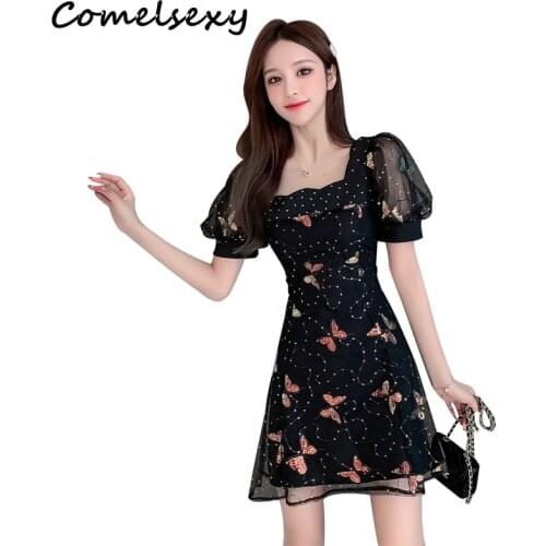 Summer Women Short Sleeve Square Collar Butterfly Embroidery Fashion Casual Black Mesh Mini Dresses Girl Elegant Party Dress