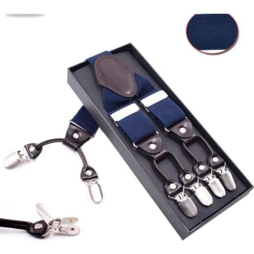 Fashion Without Box Multi Pattern Grid Mens Casual Fashion Braces High Quality Leather Suspenders Adjustable 6 Clip Belt Strap