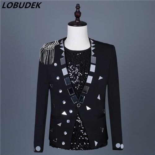 Bar Nightclub Tide Male Singer Sequins Jacket Stage Wear Black Silver Sequined Rivet Jackets Slim Fit Coat Blazer Host Costume