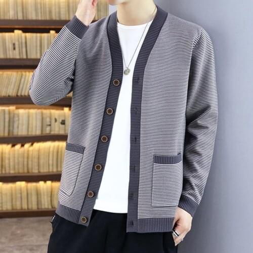 2021 Autumn Mens Casual Striped Cardigan Sweaters Man England Style V-Neck Single Breasted Slim Fitted Stretch Knit Coat Male