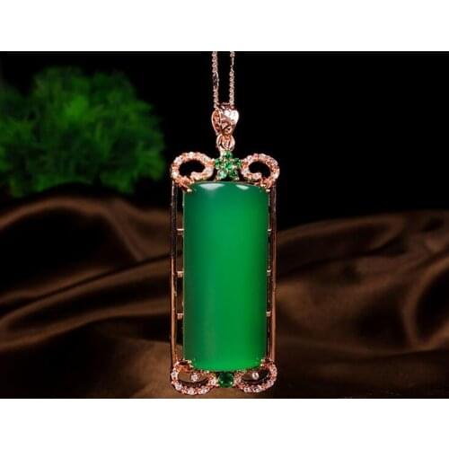 Natural ice green chalcedony safety brand 925 silver inlaid jadees pendant high grade emerald green collarbone Necklace