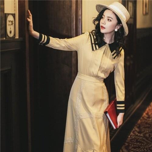 2019 new fashion womens two piece Set navy collar top + skirt two-piece suit