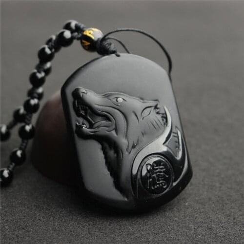 Drop Shipping Natural Black Obsidian Carving Wolf Head Amulet Pendant Necklace Obsidian Blessing Lucky Pendants Fashion Jewelry