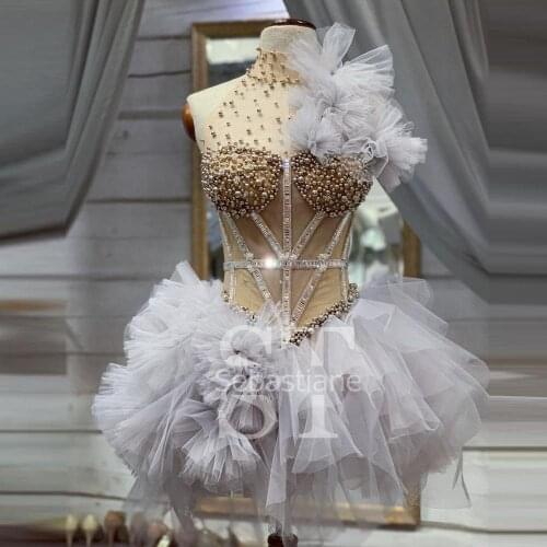 Sexy Short Sheer Tulle Prom Dresses High Neck Crystal Beaded Party Dress Mini Length Extra Puffy Tutu Pageant Gown