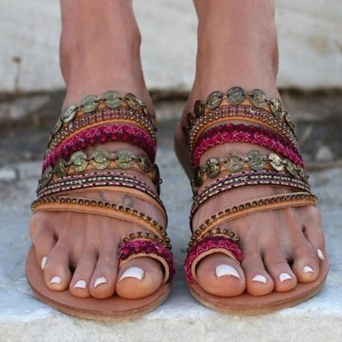 Flip Flops Women Bohemian Style Casual Flat Sandals Women Summer Breathable Shoes Open Toe Shoes Large Size Slippers